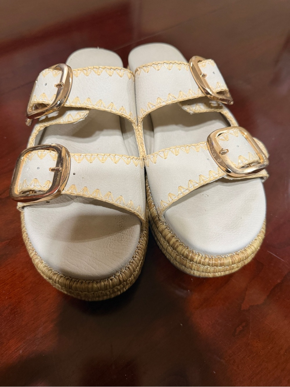 MIA White and Gold Double Buckle Espadrille Slide Sandals